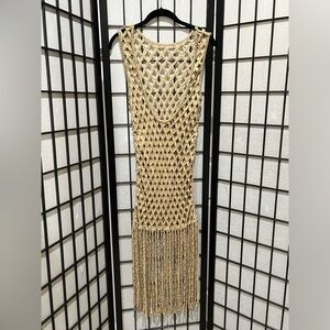 ZARA CROCHET LOOK, MESH BEACH COVER UP DRESS, DEEP V-BACK WITH FRINGE HEM SIZE S